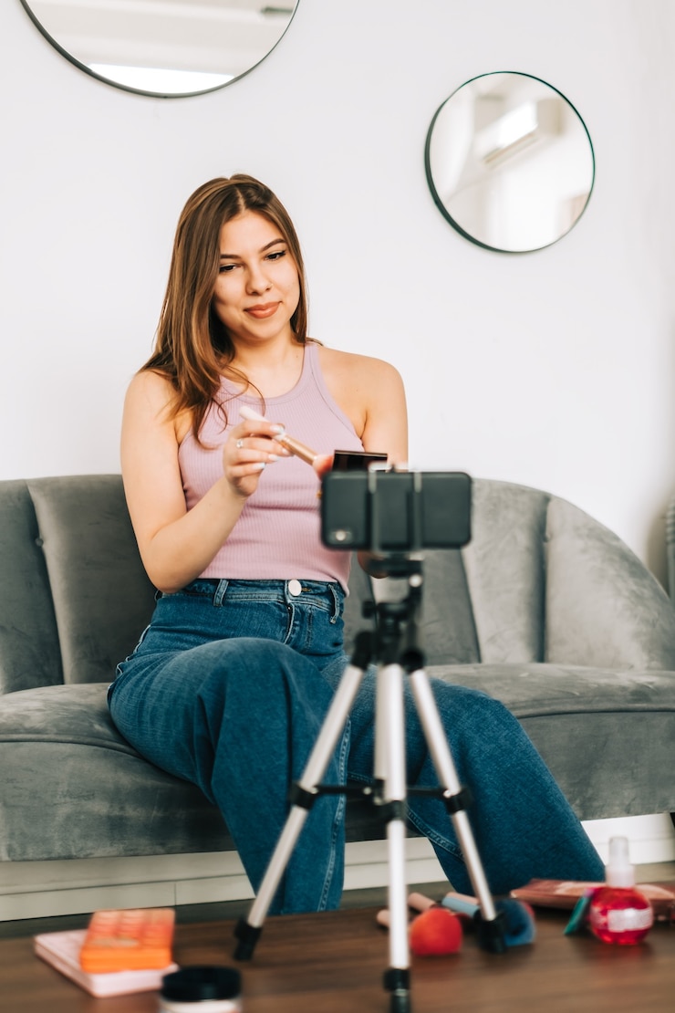Foto vídeo-blogueira jovem e atraente mostrando produtos de beleza por meio de seu blog nas redes sociais