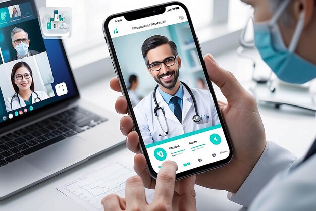 Foto vídeo do utilizador a ligar para um médico usando uma aplicação de cuidados de saúde no seu smartphone e uma equipa médica profissional ligada a um conceito de consulta médica em linha