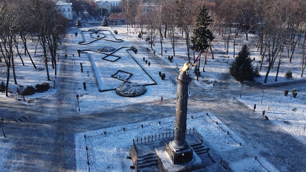 Video de drone aéreo fo gloria estatua de águila real en el centro de la ciudad de Poltava. Metraje FullHD de alta calidad