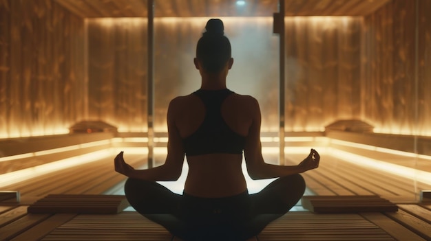 Foto un videoclip de una celebridad haciendo posturas de yoga dentro de la sauna destacando la combinación de