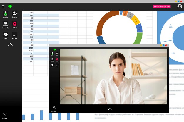 Videoconferência chat virtual trabalho remoto teleconferência captura de tela de mulher insatisfeita