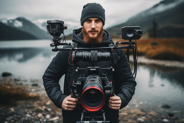 Foto videograf, filmemacher, kameramann mit gimbal und dslr-kamera