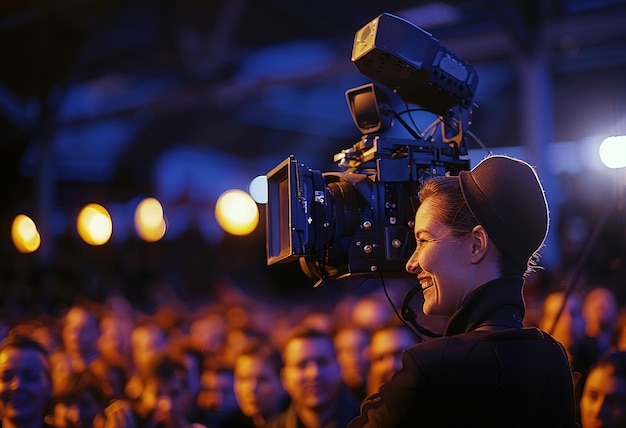 Foto videógrafo profesional filmando a una audiencia de un evento en vivo en enfoque suave iluminado por la iluminación ambiental del escenario