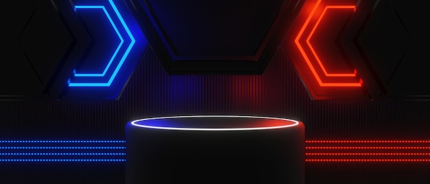 Videojuego abstracto de juegos de ciencia ficción rojo azul vs esports backgound vr simulación de realidad virtual y escenario de metaverso stand pedestal etapa 3d ilustración renderizado futurista neon glow room