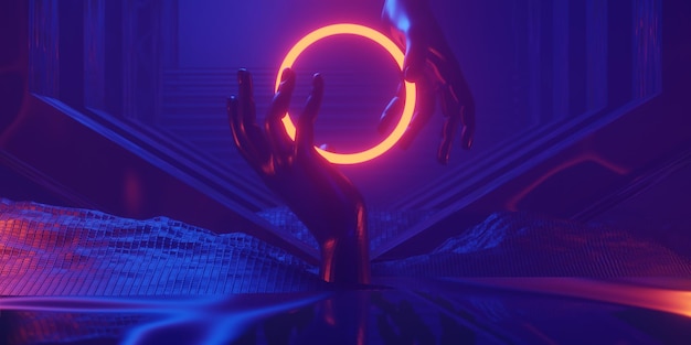 Videojuego de fondo abstracto de esports scifi gaming cyberpunk vr simulación de realidad virtual y escenario de metaverso stand pedestal etapa 3d ilustración renderizado futurista neon glow room