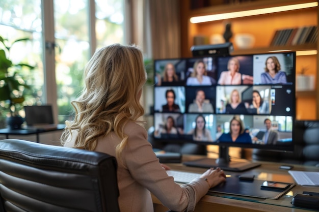 Videokonferenz Frau spricht mit einigen Kollegen in einem Online-Geschäftsmeeting, während sie zu Hause arbeitet