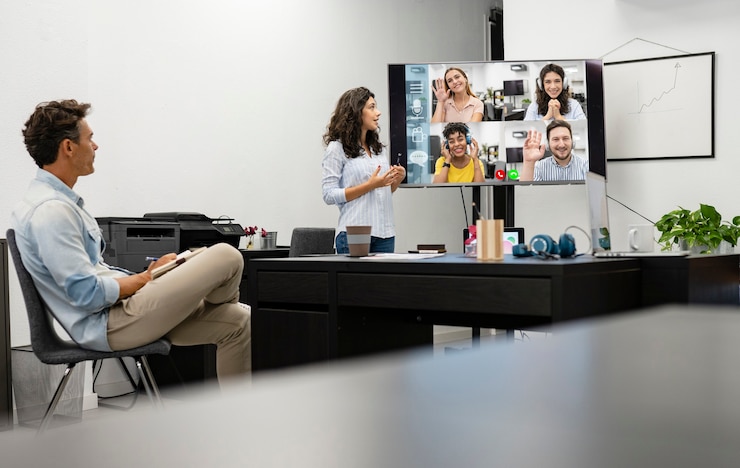 Foto videollamada de oficina con colegas multirraciales que trabajan desde casa