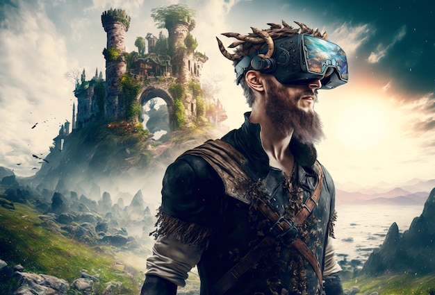 Videospielcharakter, der ein Virtual-Reality-Headset in einer Fantasielandschaft trägt Online-Gaming Generative KI