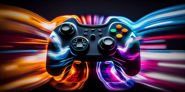 Videospielcontroller mit hellen Neonlichtstreifen Computerspielerhintergrund Generative KI