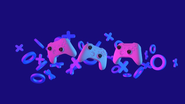 Videospielcontroller und abstrakte formen mit neonstilisiertem beleuchtungsspielkonzept d-rendering