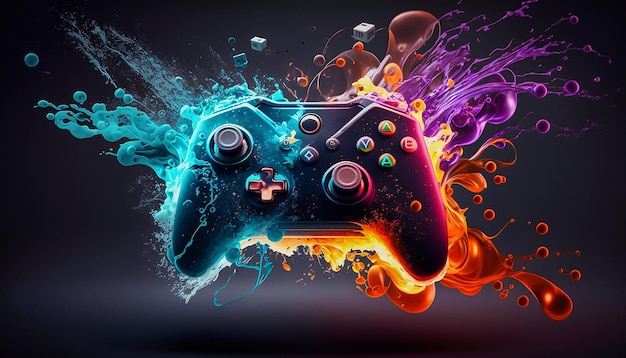 Videospielcontroller und blaue, orange und violette Pulverexplosion auf schwarzem Hintergrund Generative KI