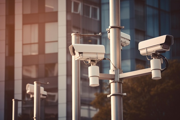 Videoüberwachungskameras in einer Großstadt Multiangle CCTV auf Säule 360-Grad-System Hintergrund-Sprengungspfad