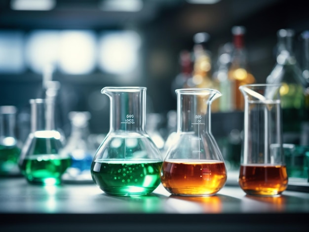 Vidraria de laboratório contendo experimento científico líquido químico