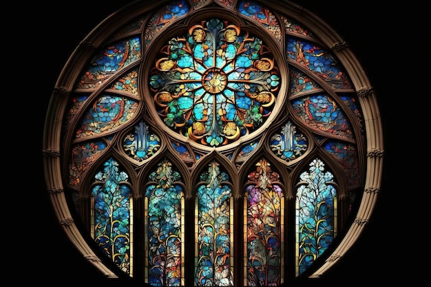 Una vidriera de colores en una iglesia que representa escenas bíblicas con detalles y patrones intrincados Generado por IA