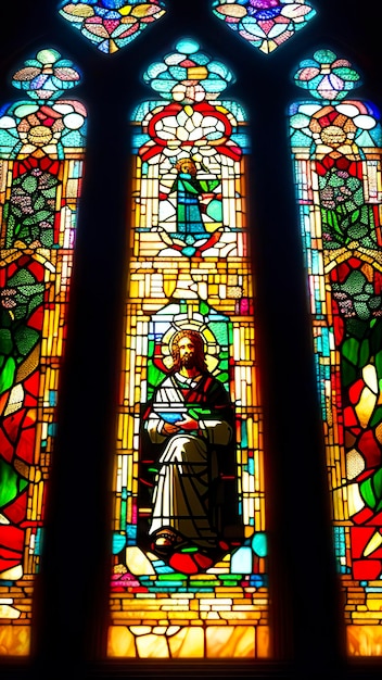 Una vidriera con una estatua de Jesús en el centro.