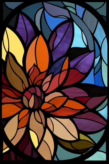 Una vidriera con una flor en el centro.