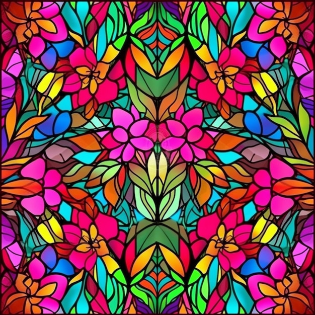 una vidriera con un patrón de flores de colores ai generativo