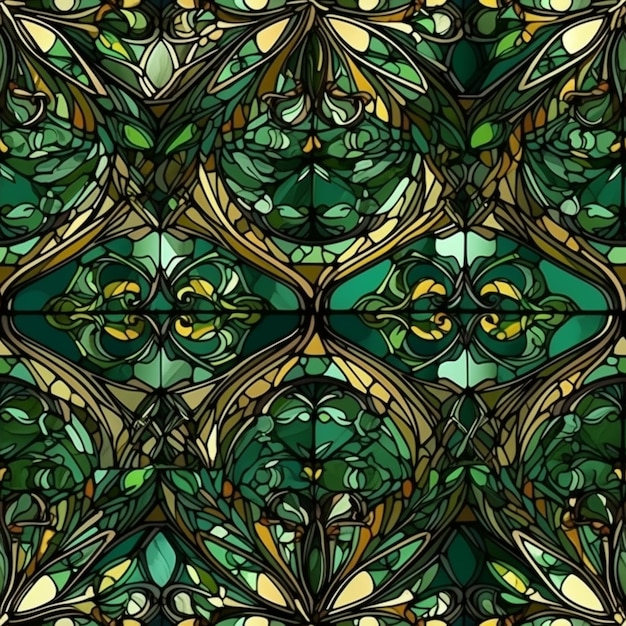 Una vidriera con un patrón de hojas verdes y doradas.