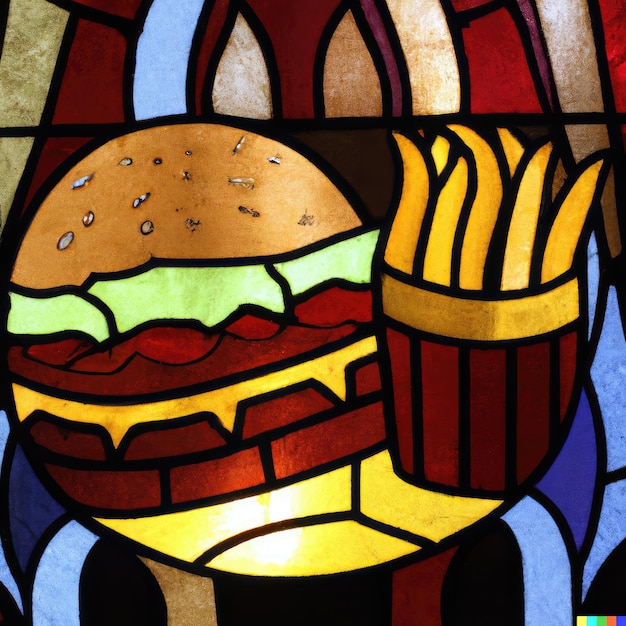 Vidrieras gourmet artísticas Un impresionante diseño de ventana que presenta una hamburguesa cuidadosamente elaborada y papas fritas doradas que agregan un toque único y apetitoso a cualquier espacio