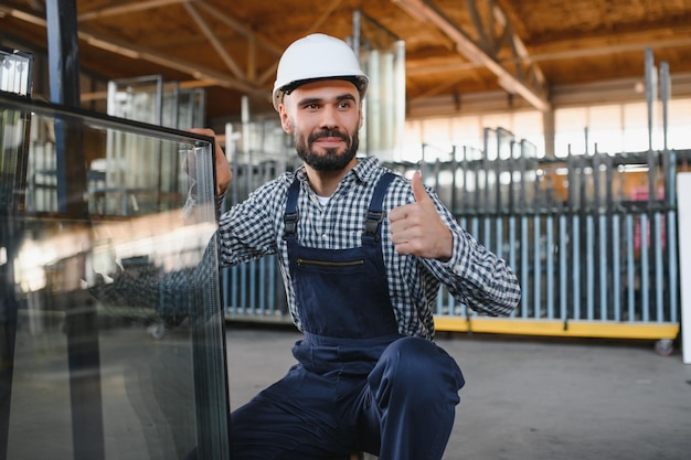 El vidriero lleva el vidrio en la fábrica de vidrio.