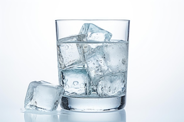 Vidrio con agua pura y hielo sobre un fondo blanco