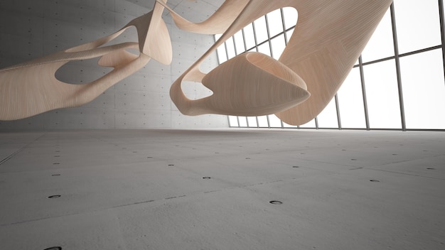 Vidrio de hormigón abstracto vacío y madera interior liso Fondo arquitectónico Ilustración 3D