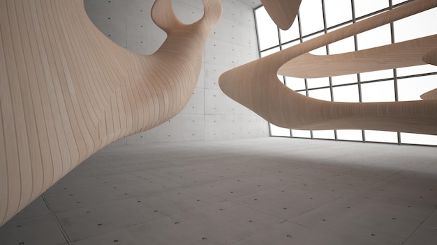 Vidrio de hormigón abstracto vacío y madera interior liso Fondo arquitectónico Ilustración 3D