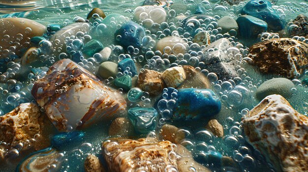 Vidrio marino azul y blanco anidado entre rocas y piedras semipreciosas