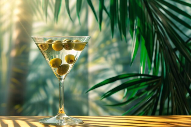 Vidrio de Martini inspirado en el Paraíso con aceitunas verdes mejoradas por el fondo de la palmera