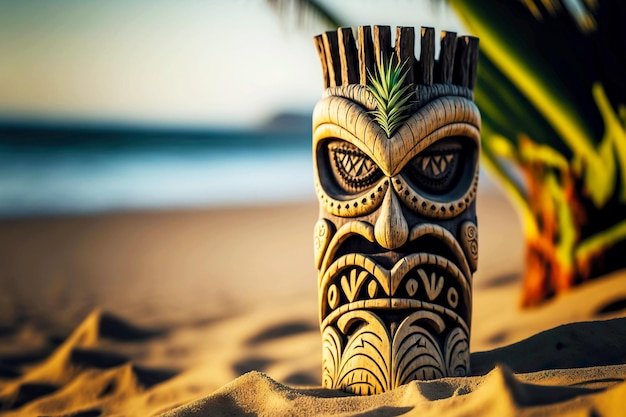 Vidrio de máscara tiki de madera en forma de búho en la playa de islas exóticas de Hawai