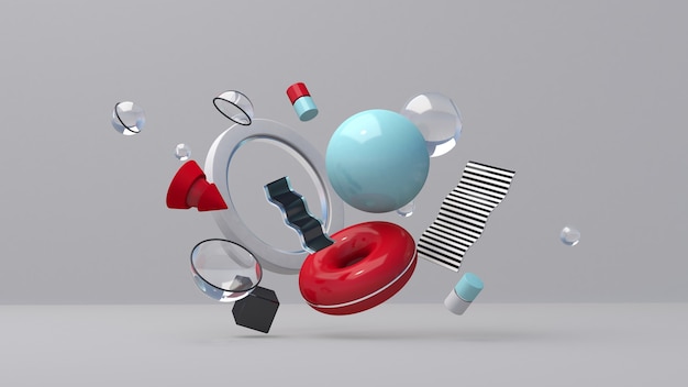 Vidrio, metálico, plástico, formas geométricas de colores. Ilustración abstracta, render 3d.