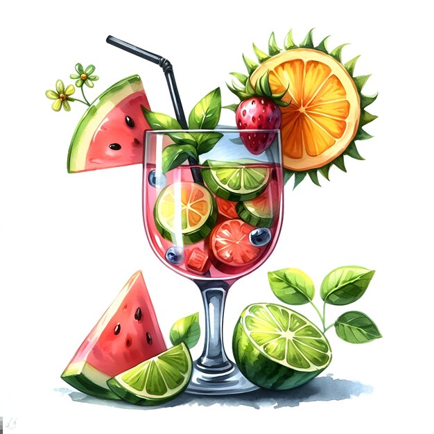 vidrio de pintura de acuarela con cóctel de verano con frutas tropicales para la decoración de tarjetas de vacaciones