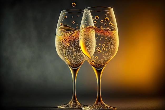 Vidrio translúcido con gotas y burbujas de champán chispeantes en tonos dorados