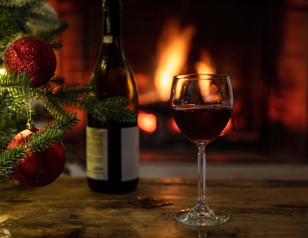 Vidrio de vino rojo quemando la chimenea de fondo decoración del árbol de Navidad