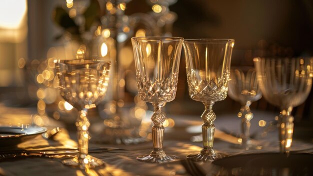 Vidrios de cristal en una mesa con luz dorada