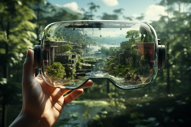 Foto vidrios vr con reflejo de la naturaleza verde