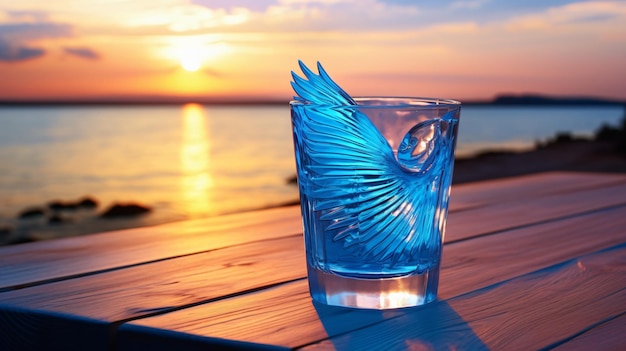 Vidro com coquetel de anjo azul em mesa de madeira contra a praia com pôr-do-sol