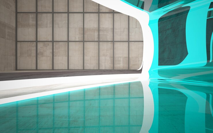 Foto vidro concreto abstrato e interior de madeira com ilustração e renderização 3d da janela