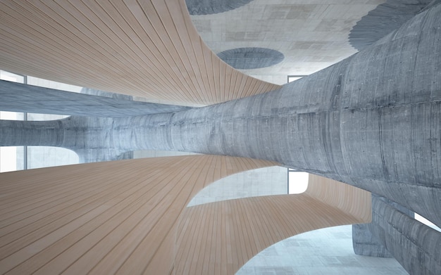 Vidro concreto abstrato e interior de madeira com ilustração e renderização 3D da janela