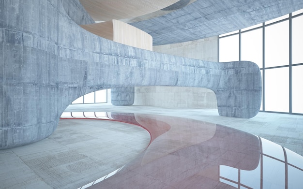 Vidro concreto abstrato e interior de madeira com ilustração e renderização 3D da janela