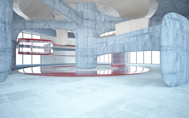 Vidro concreto abstrato e interior de madeira com ilustração e renderização 3D da janela