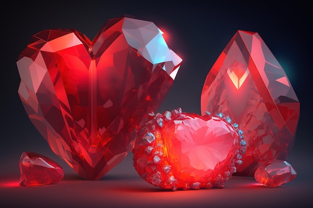 Vidro de cristais mágicos vermelhos ou pedras preciosas na forma de um coraçãoGenerative AI