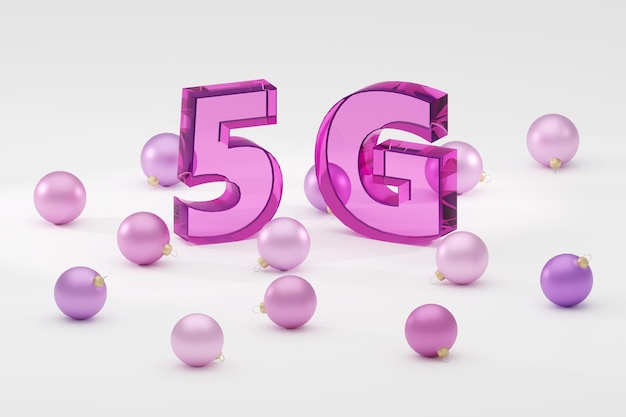 Vidro de inscrição 5g no pódio cinza, luz suave, fundo suave, renderização em 3d