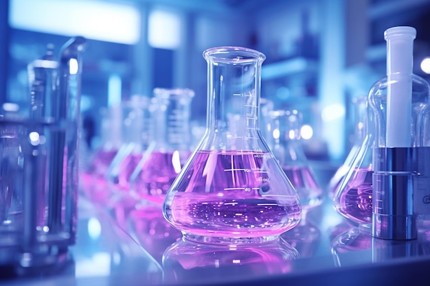 Vidro de laboratório com conceito de investigação e desenvolvimento científico de líquidos azuis