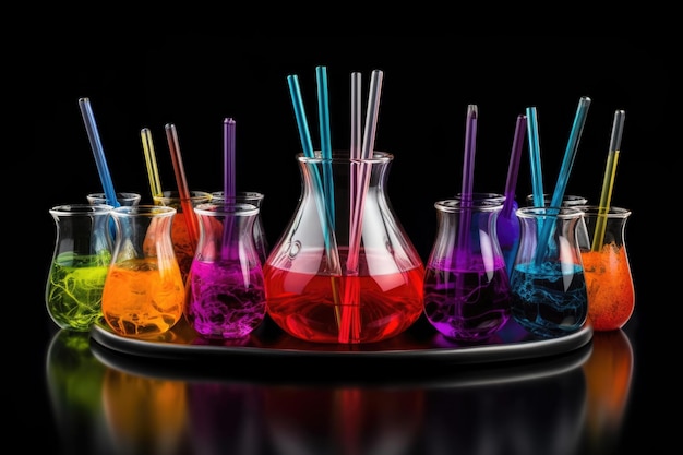 Vidro de laboratório com líquidos multicoloridos e pipetas criadas com ai generativa