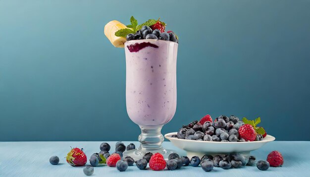 Foto vidro de leite de mirtilo com molho de frutas e bagas e prato vazio no canto gerado por ia