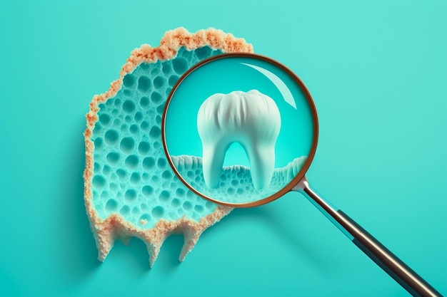 Vidro de lupa de verificação de dente isolado fundo azul