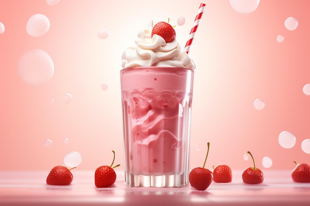 Vidro de milkshake de morango com fundo rosa