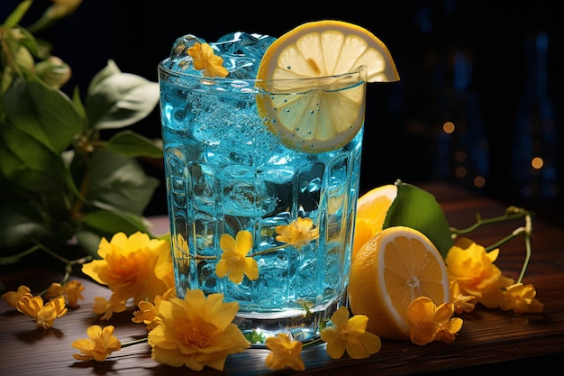 Vidro de refrigerante de frente com fatias de limão e cubos de gelo em um coquetel de água de champanhe azul