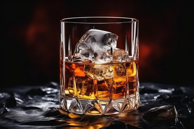 Vidro de uísque gelado em fundo de pedra preta Bourbon de luxo com cubos de gelo Uísque de brandy frio